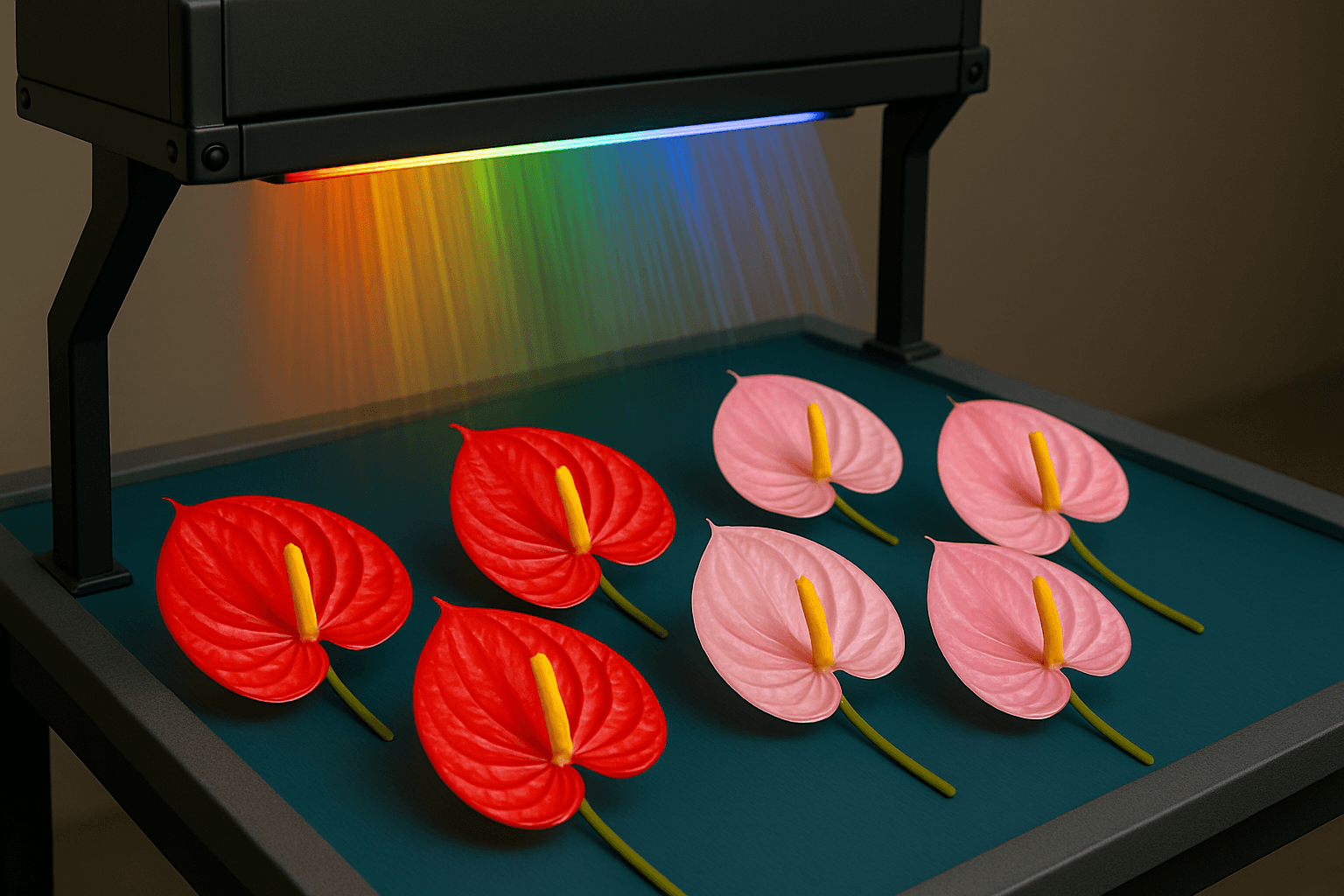 Operator placing anthurium flower in measuring lens
