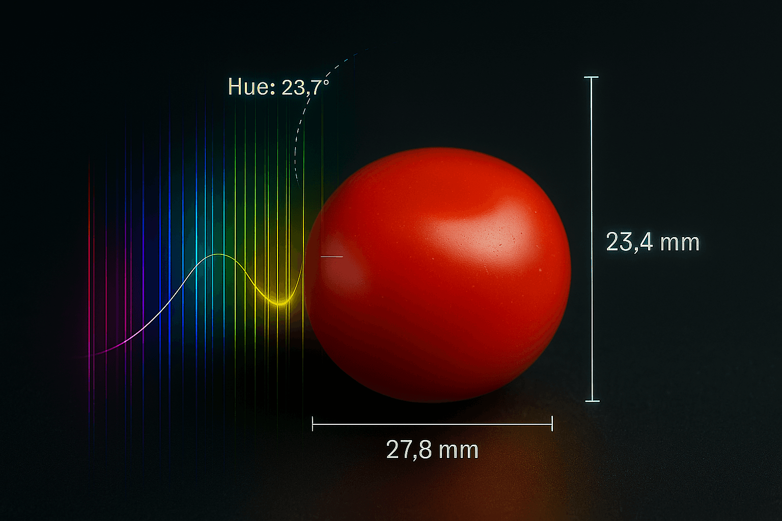 Cherry tomato precise measurement of size, colour, and defects