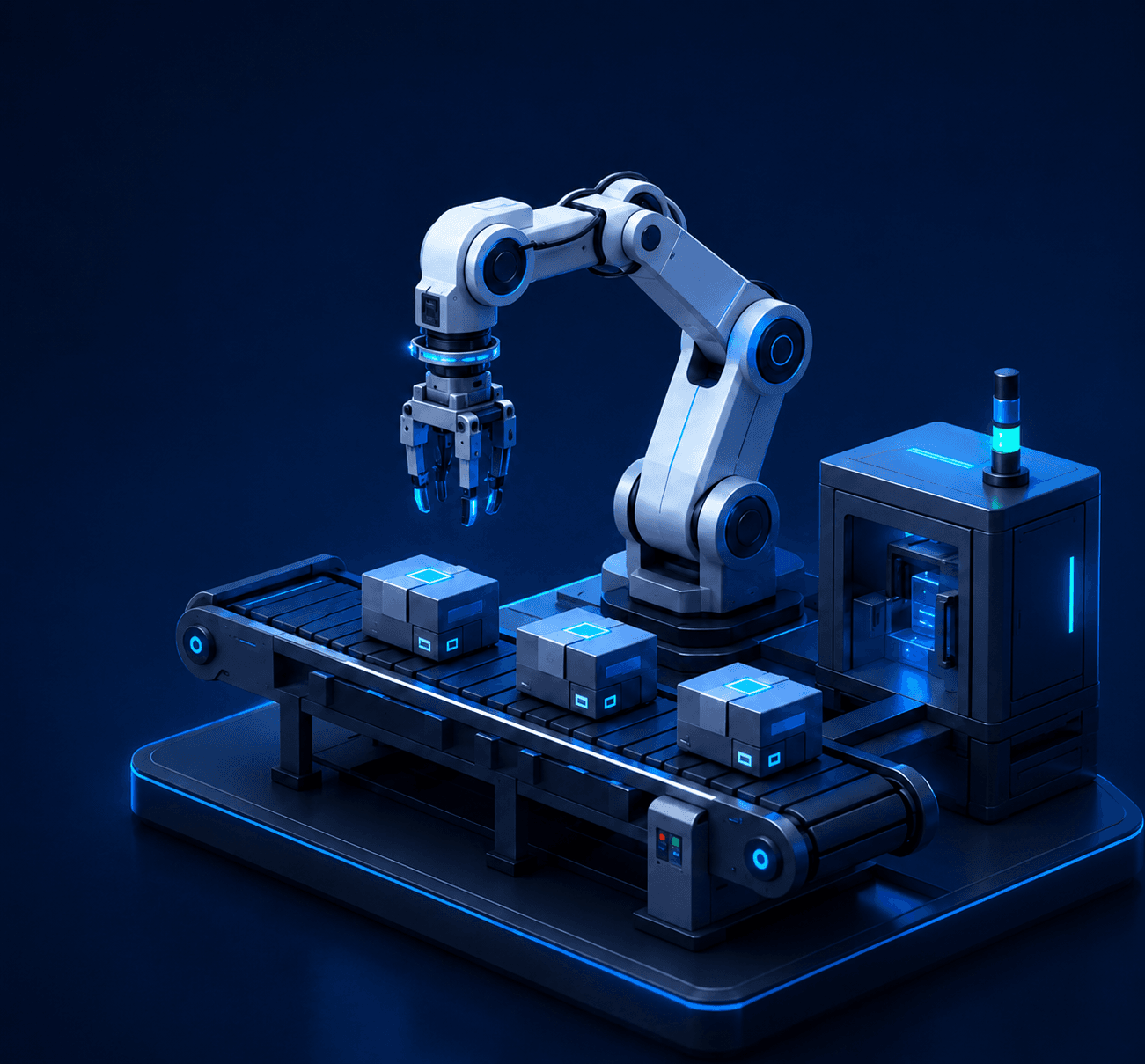 Industrial automation robot arm with conveyor and boxes